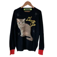 美品 Adonisis アドニシス ビジュー 猫 ニットセーター 38 ブラック レディース 古着 中古 USEDのサムネイル