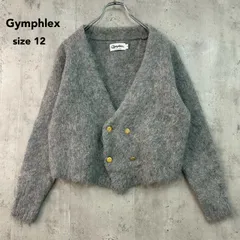 Gymphlex ジムフレックス グレー アルパカ ウール ナイロン シャギー ニット カーディガン ダブルブレスト 金ボタン 刻印ボタン ショート丈 クロップド丈 トップス セーター 羽織り ふわふわ size12 ★ ◆■のサムネイル