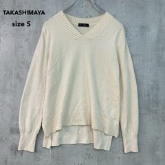 TAKASHIMAYA タカシマヤ ホワイト カシミヤ100% Vネック ニット セーター 髙島屋 高級 贅沢素材 なめらか 肌触り 良好 リブ切替 スリット入り 前後差 ヘムライン プルオーバー 無地 KR-9A-KR1001 Ssize ★ ◆■