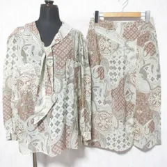 良品 BALLY バリー ヴィンテージ ペイズリー柄 ボウタイ ブラウス スカート セットアップ ブラウン グレージュ レディース 古着 中古 USED