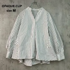 OPAQUE.CLIP オペークドットクリップ ホワイト ストライプ柄  637-88031 バンドカラー ブラウス シャツ チュニック バックフリル ティアード ペプラム 切替 フレア ボリュームスリーブ 長袖 Mサイズ ★ ■◇