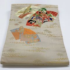アンティーク丸帯 鶴 松 菊 扇面文様 金糸 織り出し - メルカリ