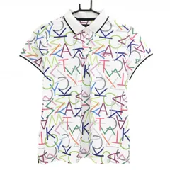 【美品】キャロウェイ 半袖ポロシャツ 白×マルチカラー 英字総柄 ロゴ刺しゅう レディース LL ゴルフウェア Callaway