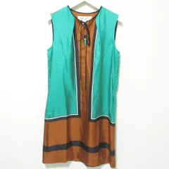 美品 DIANE von FURSTENBERG ダイアンフォンファステンバーグ シルク100％ 配色 ノースリーブ ワンピース ドレス 0 グリーン×ブラウン レディース 古着 中古 USED