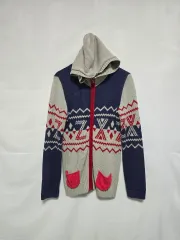 アディダス グレー ブルー パータン ニット フード ジップアップ ロング カーディガン レディース 90 0211