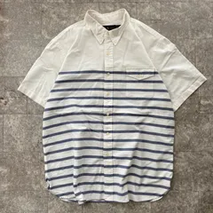 半袖シャツ メンズ XXL ホワイト ブルー ボーダー ボタンダウン ストライプ スリムフィット Ralph Lauren 古着 夏