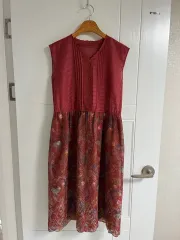 (日本 ヴィンテージ)ノースリーブ ONE PIECE レッド 花 レース コットン80