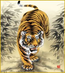 加藤龍山 水墨画 竹林猛虎図(額入印刷物)と水墨画昇龍のポスターの