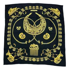 HERMES エルメス カレ90 LES CAVALIERS D'OR 黄金の騎士 スカーフ シルク ブラック/ゴールド【中古】 レディース
