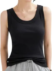 CALM.st タンクトップ キャミソール レディース リブ ブラ紐隠し インナー 伸縮性 細身 Uネック (ブラック,  XS)
