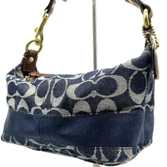 コーチ COACH シグネチャー デニム アクセサリーポーチ  ミニバッグ ネイビー ジャガード キャンバス レザー切替 ゴールド金具 ロゴプレート チャーム付き Y2K コンパクト 軽量 普段使い お出かけ