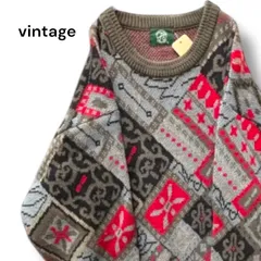 【ヴィンテージ】古着　ニット　セーター　柄ニット　ジャガード　個性的　派手　一点物　メンズ　Mサイズ