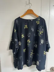 (日本 ヴィンテージ)ラウンド ブラウス ネイビー 花 コットン レーヨン M