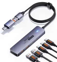 QUUGE USBハブ 10Gbps USB3.2 Gen2 ハブ  120cm 【2×Type-C・2×Type-A・USB-C給電ポート】 10G高速データ転送 タイプAとタイプC両用 セルフパワー/バスパワー スリム設計 【CからAに变換アダプタ付属】