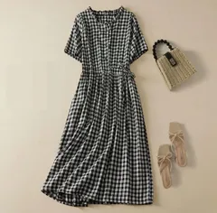 夏 レディース ワンピース 綿麻 チェック柄 半袖 ミモレ丈 ウエストマーク ゆったり カジュアル ワンピ