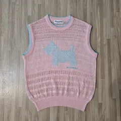レディース90) ブラック＆ホワイト ピンク ニット ベスト