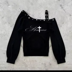 ブラック オフショルダー 長袖 Tシャツ