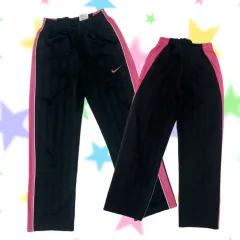 日本 NIKE Y2K ライン ピンク&ブラック 刺繍 ロゴ ワイド トレーナー パンツ