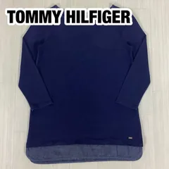 TOMMY HILFIGER トミー ヒルフィガー ボードネック 七分袖シャツ カットソー XXS 切り返しデザイン XS ネイビー メタルロゴ 着丈62cm 肩幅35.5cm 身幅(脇下)40cm 袖丈45cm【古着】
