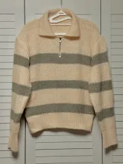 #新品 : カラーネック ボーダー柄 ハーフジップ ニット アイボリー カーキグレー バイカラー