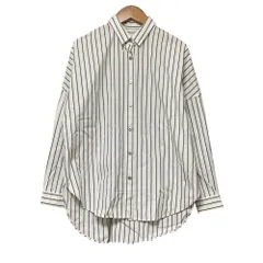 美品 THE SHIRT by upper hights アッパーハイツ ストライプ ラウンドヘム 長袖 シャツ ブラウス サイズ0 ホワイト ネイビー レディース 古着 中古 USEDのサムネイル