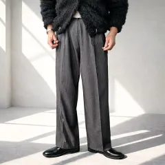 メンズ ツータック ストライプ ウエスト後ろゴム ワイド スラックス 2COLOR