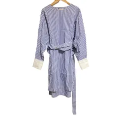 良品 MACPHEE マカフィー トゥモローランド ベルト付きノーカラーストライプロングシャツ 36 ブルー ホワイト レディース 古着 中古 USED