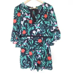 美品 kate spade ケイトスペード フラワープリント 七分袖 チュニック ミニワンピース 0 ブラック系 レディース 古着 中古 USED