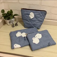 ❤️シマエナガが可愛いポーチ3点セット＊キルティング＊ブルーグレー＊