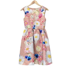 美品 Chesty チェスティ フラワープリント ノースリーブ ひざ丈 フレア サテンワンピース サイズ0 ピンク レディース 古着 中古 USED