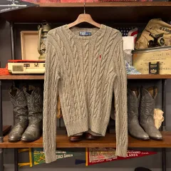 90s ポロ ラルフローレン カシミア ケーブル ハンドニット セーター カーキ N992