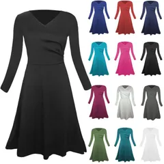 全13色×7サイズ フレアワンピース ワンピース フォーマル フォーマルワンピース 長袖 大人 Vネック 膝丈 ひざ丈 きれいめ 30代 40代 50代 min#