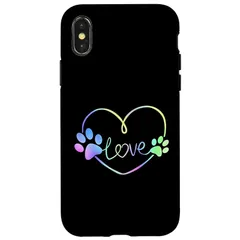 【新品】 iPhone X/XS 虹色の水彩画 犬 2つの足跡 愛 ハート 犬のパターン スマホケース 1