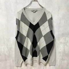 古着　used　LACOSTE　ラコステ　長袖Vネックセーター　ニット　アーガイル柄　ワンポイントロゴ刺繍　グレー　Mサイズ