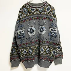 古着 used　長袖クルーネック総柄ニット　厚手セーター　グレー　個性的　レトロデザイン　秋冬服　オーバーサイズ