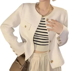 toasoa ツイード ジャケット レディース ノーカラー フォーマル 長袖 ショート丈 セレモニー 上品 きれいめ カジュアル 韓国 オフィス スーツ ツィード 裏地なし 卒業式 入学式 短め 金ボタン (ホワイト,  L)