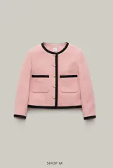 샵엠 SHOP M ドナジャケット ピンク ウール90% ブークレ ツイード ゴールド ラウンドネック バイカラー