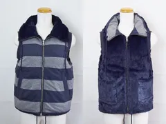 【199296】PLST プラステ  リバーシブル　ジップアップ　中綿/ダウンベスト　ボーダー/フェイクファー  0 ネイビー系