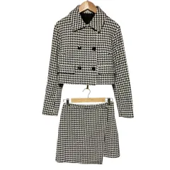 美品 REDYAZEL レディアゼル 千鳥柄 ジャケットスカート セットアップ S ブラック ホワイト レディース 古着 中古 USED