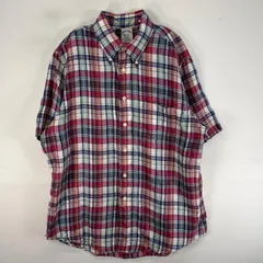 古着 ブルックスブラザーズ Brooks Brothers 半袖シャツ 胸ポケ リネン L  レッド系 チェック メンズ
