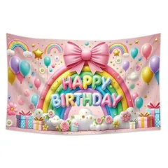 レインボー リボン バースデー タペストリー 誕生日 飾り付け 150×90cm 3Dプリント 虹 誕生日 背景布 写真撮影 壁飾り パーティー装飾 SNS撮影 記念日 繰り返し使える 洗える ポリエステル製 女の子 1