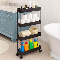 LONGSHINING キッチンワゴン スリム キャスター付き 収納ワゴン キッチンラック 4段 隙間収納 幅39×奥行12.5×高さ85cm ワゴン 調味料棚 キッチン 洗面所 収納 4枚ホック付き カンタン組立 ブラック 0