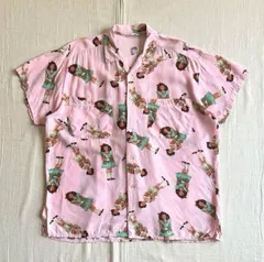 希少　80s　vintage　ヴィンテージ古着　花を持つ少女　海外ガール　アートグラフィック　レーヨン　総柄アロハシャツ　半袖　ピンク　一点物　Y2K　アメカジ　個性派　Girl with flowers design rayon aloha shirt