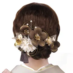 【人気商品】2点セット 袴 卒業式 花 浴衣 成人式 振袖 七五三 着物 和装 結婚式 髪飾り 着物 髪 飾り 髪留め 水引細工 [OTAKUMARKET] 高級造花 ヘアアクセサリー 3カラー (白 ×黒茶金)