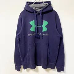 古着 used　UNDER ARMOUR アンダーアーマー　長袖ビックロゴプリント　フード付きスウェット　ネイビー　紺色　Mサイズ