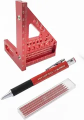 m＆em 三角スコヤ アルミ製 直角定規 建築用日本製シャープペンシル 2.0mm 替芯セット付き ケガキゲージ 分度器 ダボピン付き (赤)