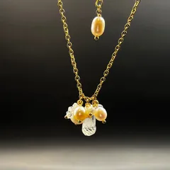 天然石 あこやと淡水パールのクリア〜ホワイトグラデーション花束ペンダント  G316lサージカルステンレスネックレス fr1318