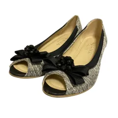 良品 DIANA ダイアナ WELL FIT ウェルフィット ツイード リボンモチーフ オープントゥ ウェッジソール パンプス 22cm グレー レディース 古着 中古 USED