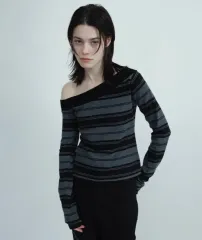 新品 MILLO WOMEN ONE SHOULDER STRIPE Tシャツ チャコール グレー