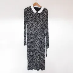 良品 agnes b アニエスベー フラワープリント 長袖 白襟 ロングワンピース 2 ブラック レディース 古着 中古 USED